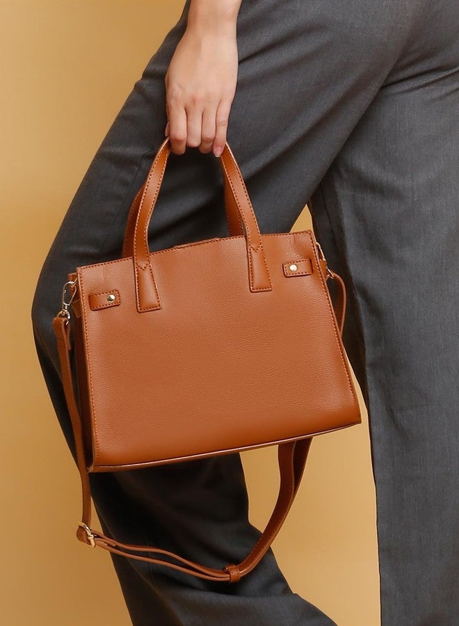 white lily Classic Faux Leather Handbag, Top Handle Satchel with Detachable Shoulder Strap (Tan) - Image 4
